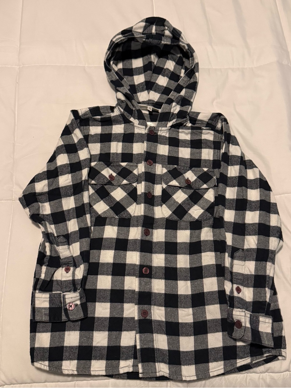Molo Kids Black & White Plaid Hooded Flannel Shirt Size Small.